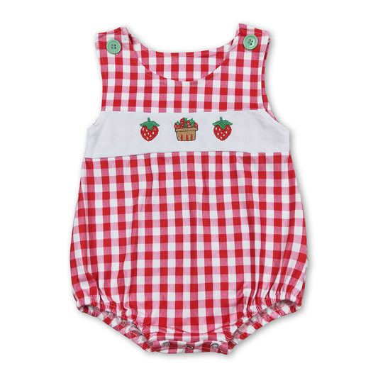 Red sleeveless plaid strawberry cup cake baby boy romper