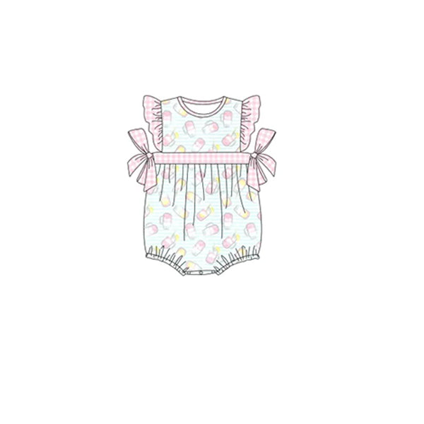 Flutter sleeves bow drink print baby girls summer romper