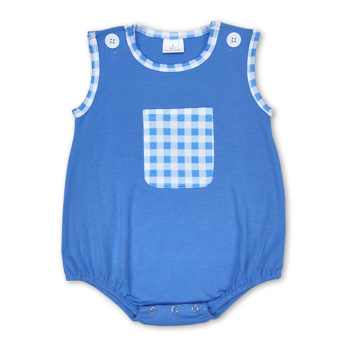 Blue sleeveless plaid pocket baby boy romper