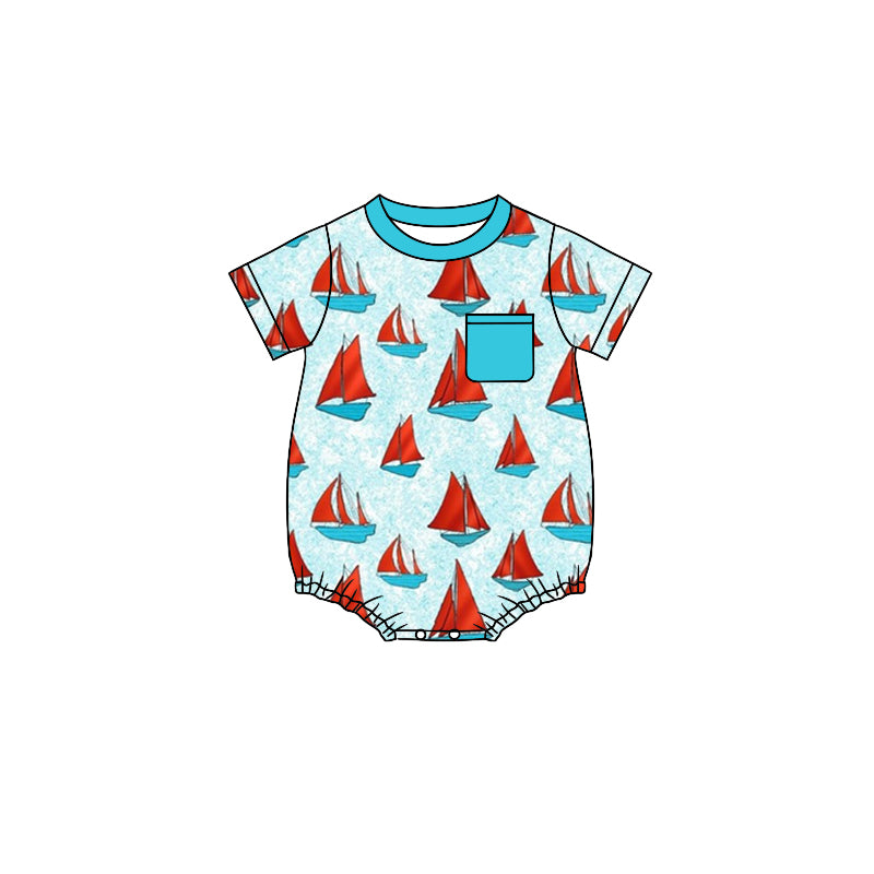 Blue pocket short sleeves boat baby boy romper