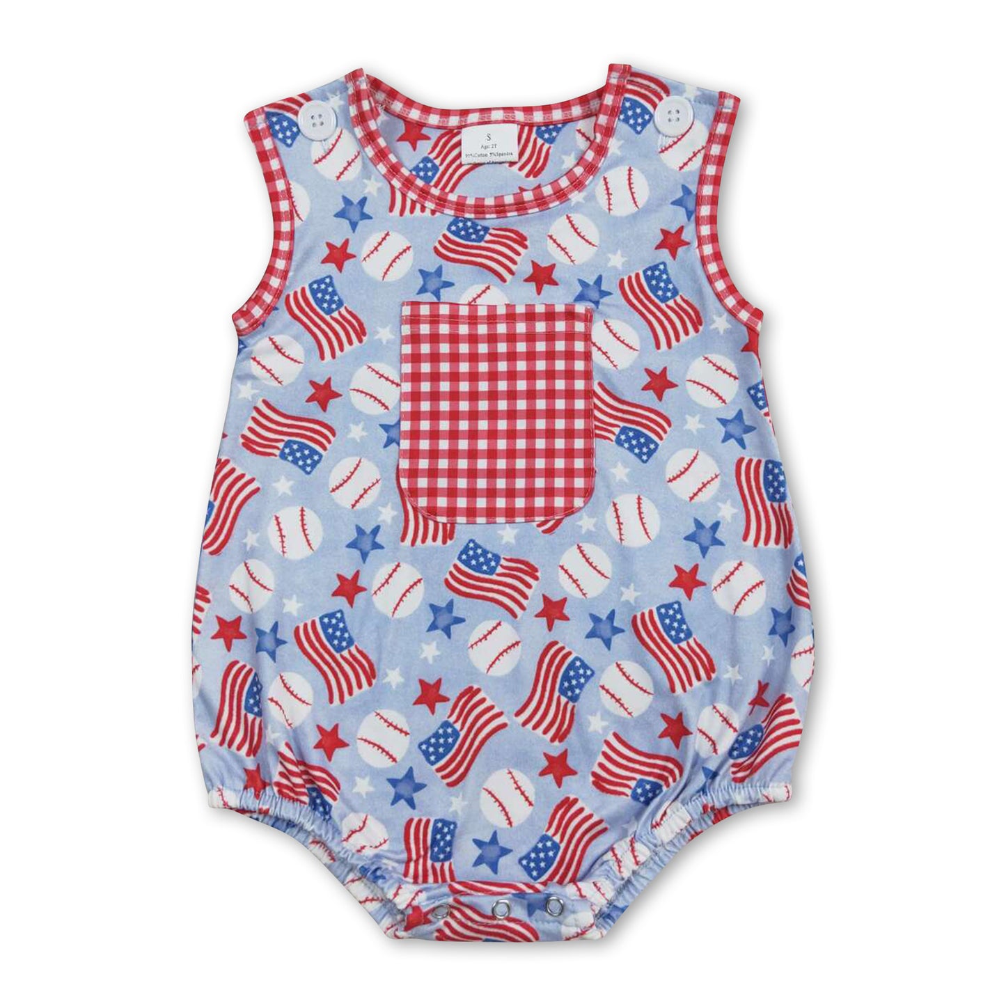 Sleeveless baseball flag pocket boy 4th of july romper