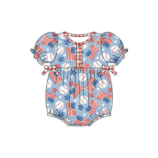 Short sleeves baseball flag baby girls 4th of july romper