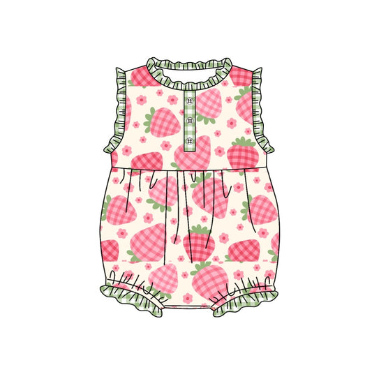 Sleeveless plaid strawberry baby girls summer romper