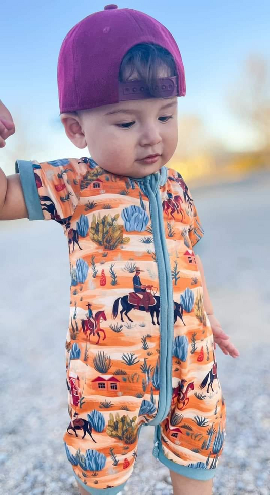 Short sleeves cactus baby boy zipper western romper