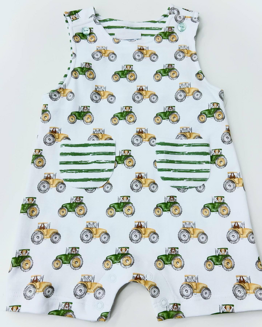 Sleeveless tractor stripe pocket baby boy romper