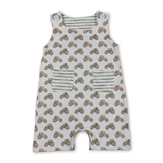 Sleeveless tractor stripe pocket baby boy romper