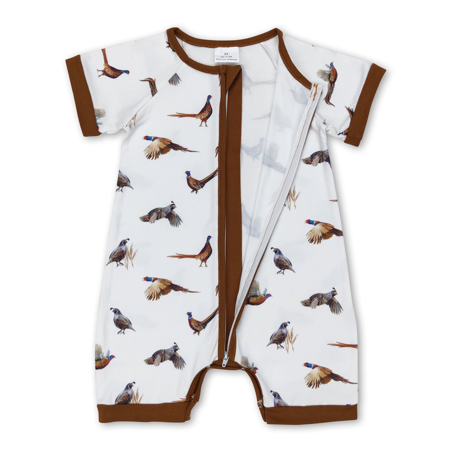 Short sleeves brown pheasant baby boys zip romper