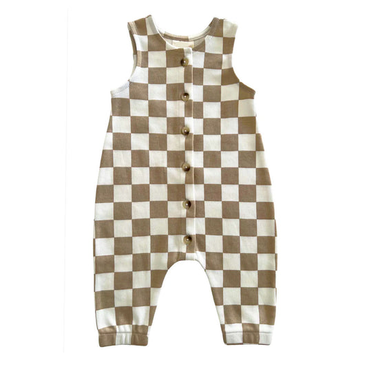 Sleeveless khaki plaid baby kids summer romper