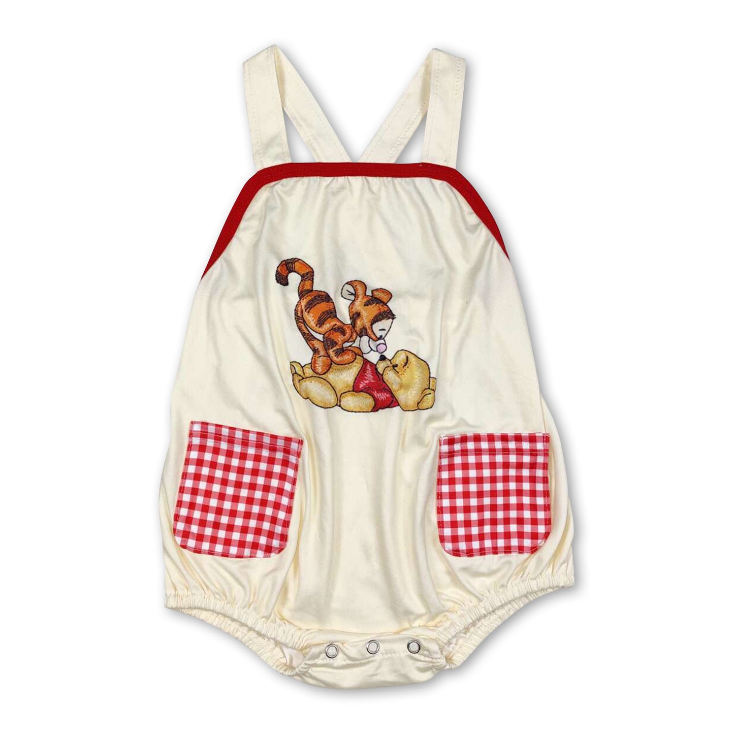 Yellow straps bear baby boys pocket romper