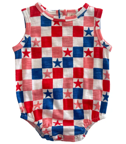 Sleeveless red blue star plaid baby girl 4th of july romper