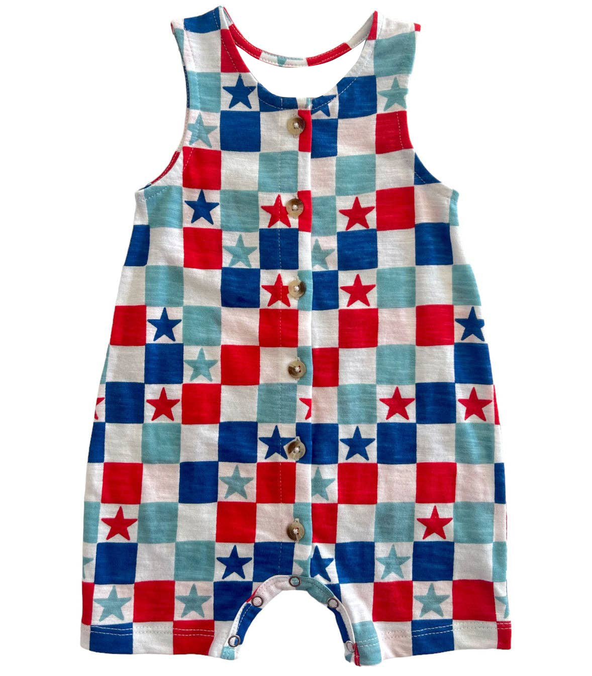 Sleeveless red blue star plaid baby boy 4th of july romper