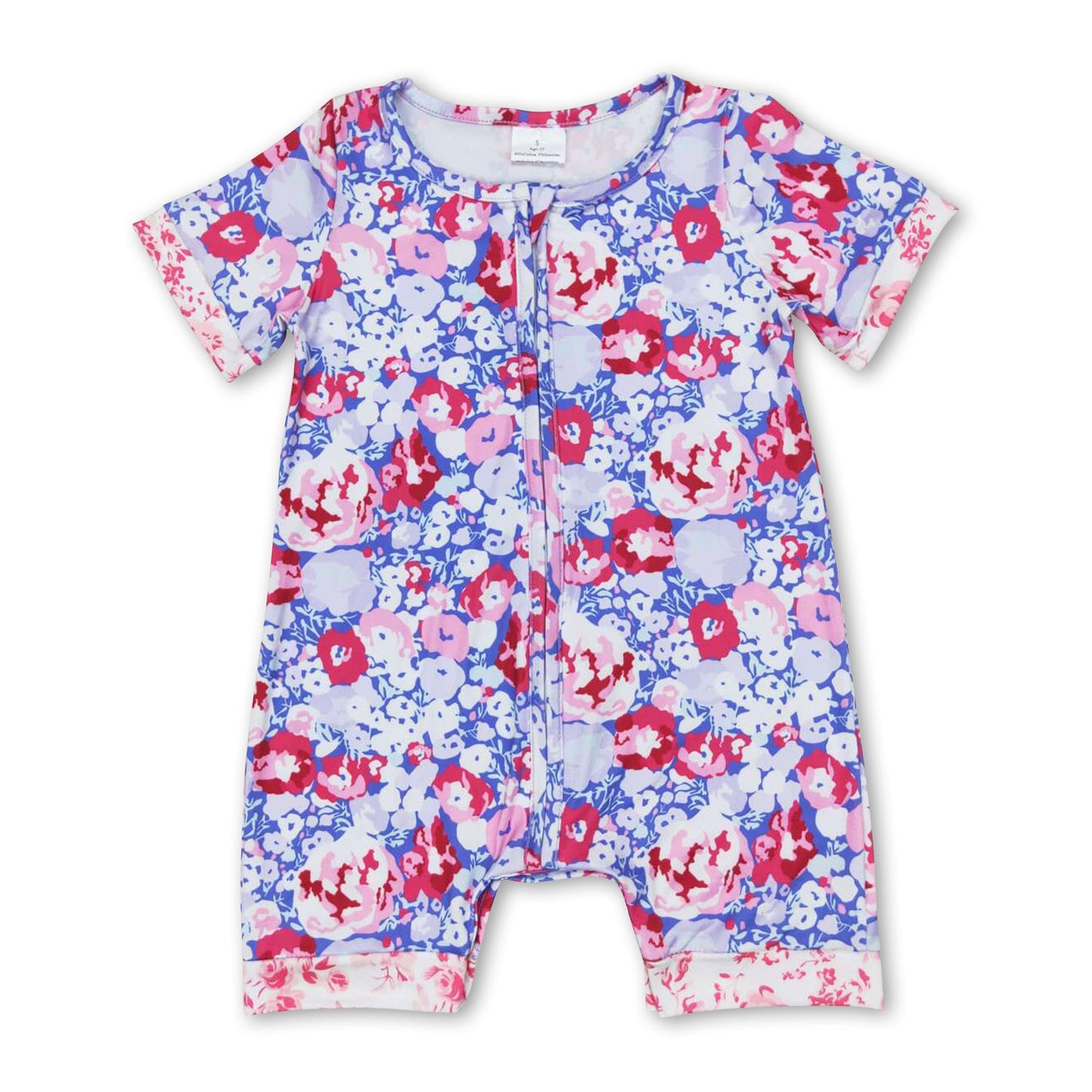 Short sleeves lavender floral baby girls zipper romper