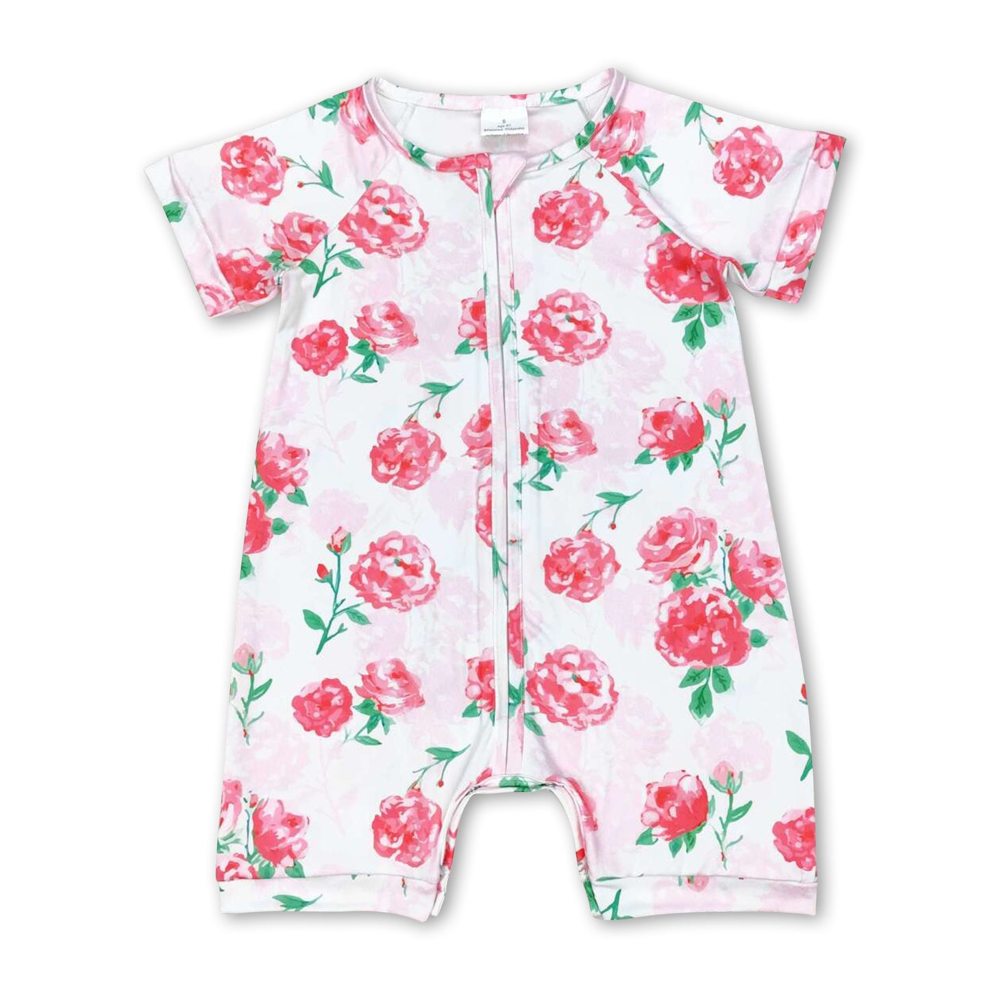 Short sleeves pink floral baby girls zipper romper