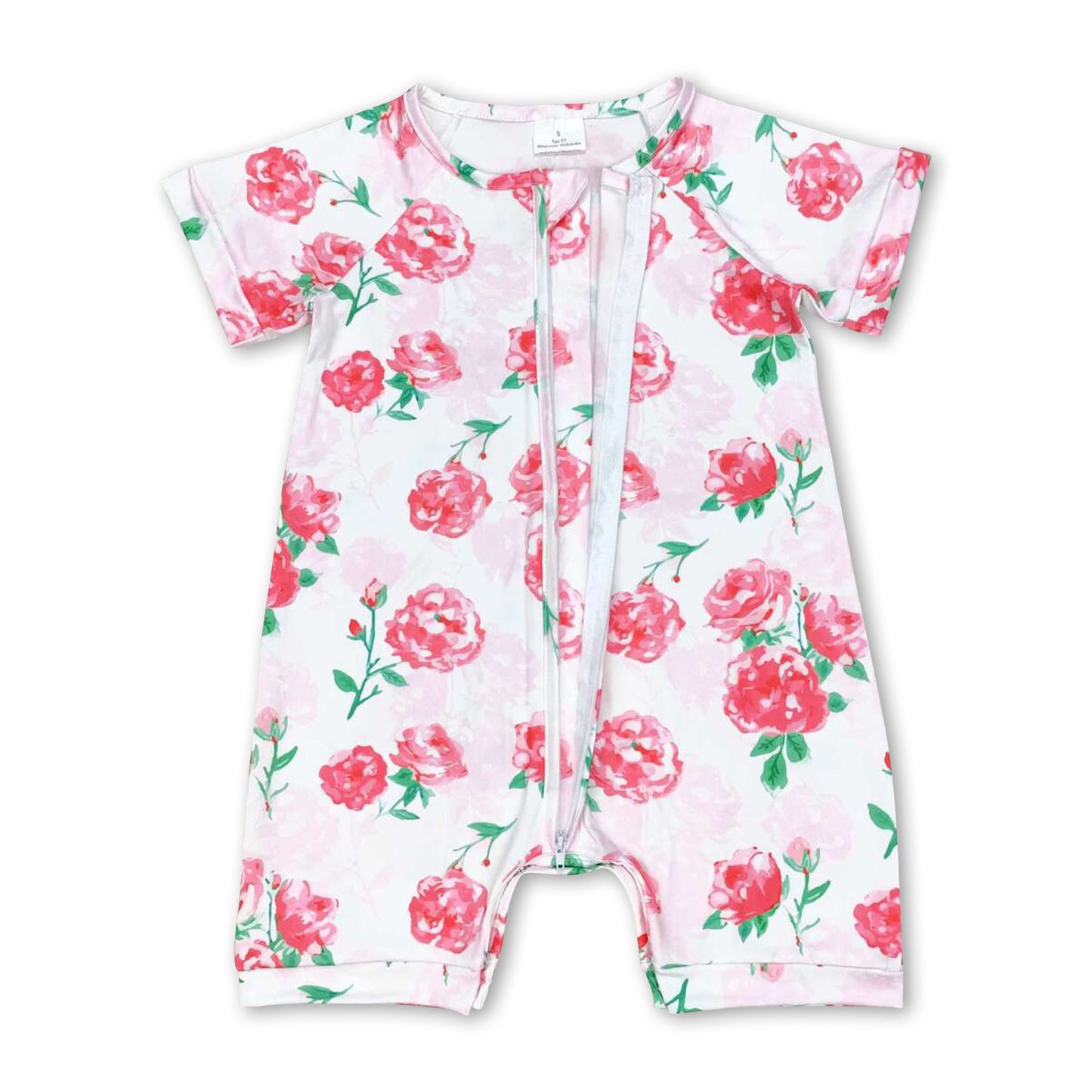 Short sleeves pink floral baby girls zipper romper