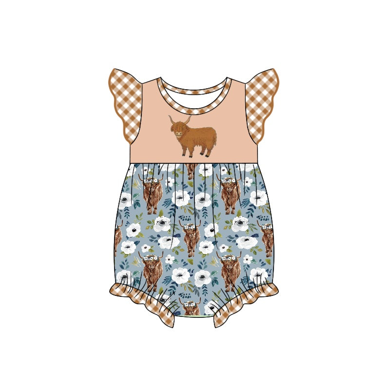 Flutter sleeves highland cow floral baby girls romper