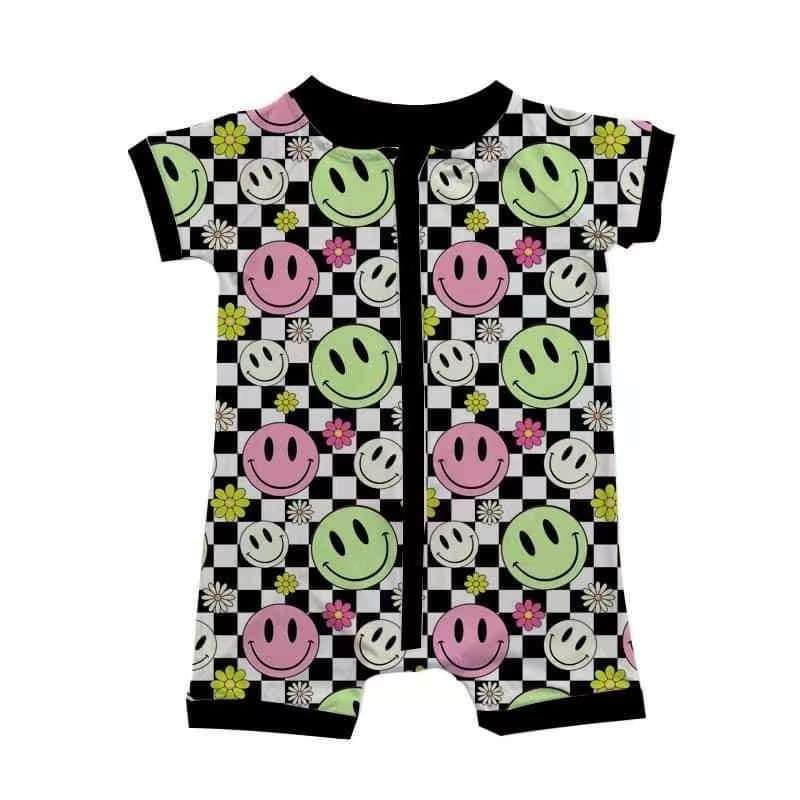 Short sleeves plaid floral smile baby zipper romper