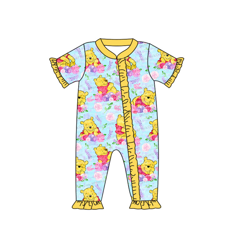 Short sleeves floral bear baby girls zipper romper