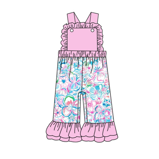 Straps pink watercolor floral girls jumpsuit