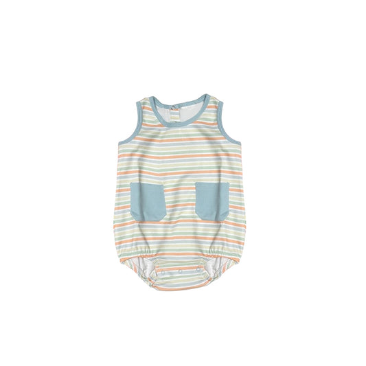 Sleeveless pocket colorful stripe baby boy romper