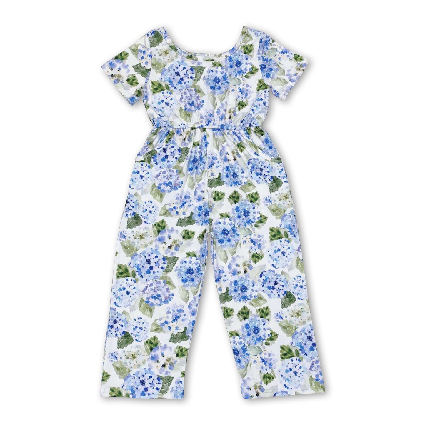 Short sleeves blue floral pocket kids girls jumpsuit