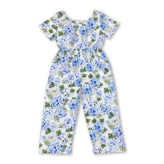 Short sleeves blue floral pocket kids girls jumpsuit