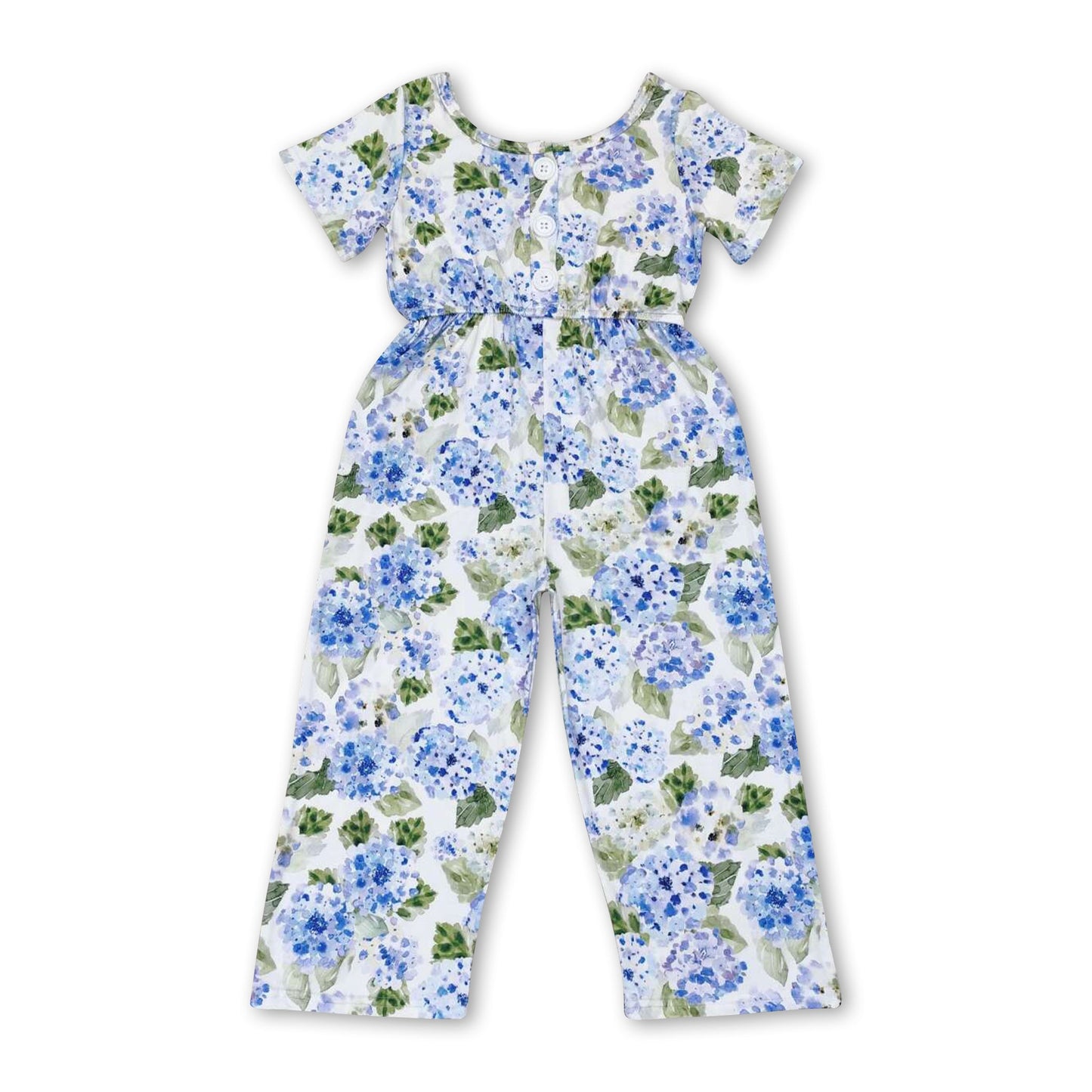 Short sleeves blue floral pocket kids girls jumpsuit