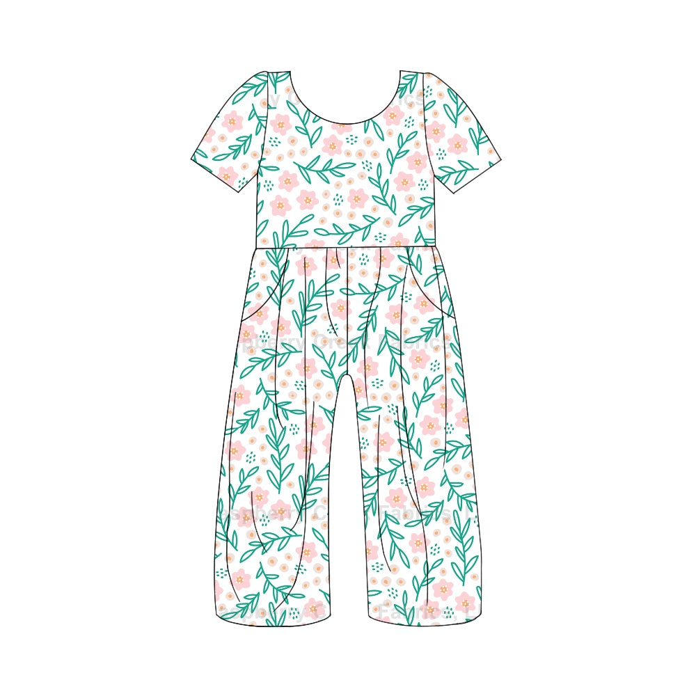 Short sleeves pink floral kids girls jumpsuit