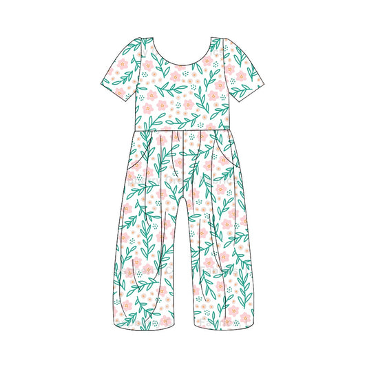 Short sleeves pink floral kids girls jumpsuit