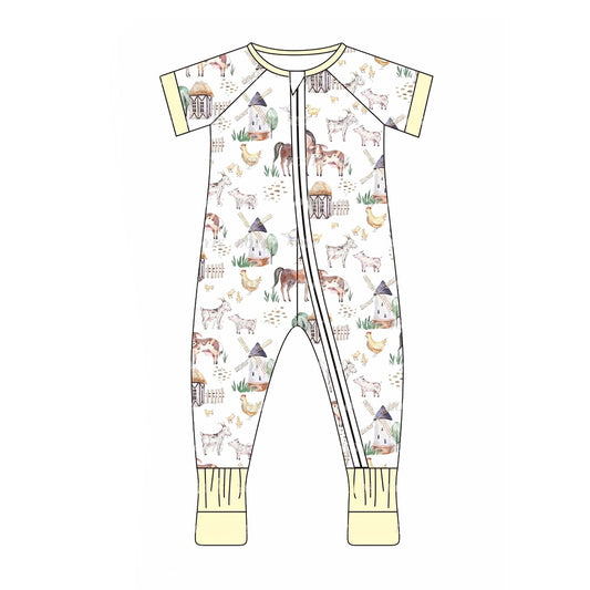 Pig horse sheep chicken baby farm zipper romper