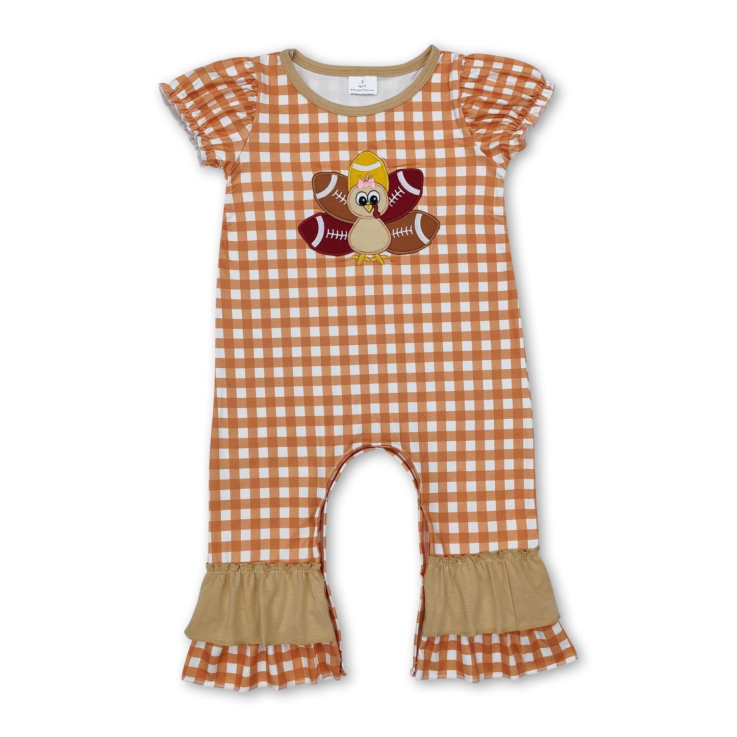 Plaid turkey football ruffle baby girls Thanksgiving romper