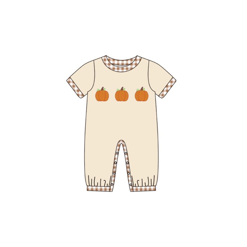 Short sleeves khaki plaid pumpkin baby boy fall romper