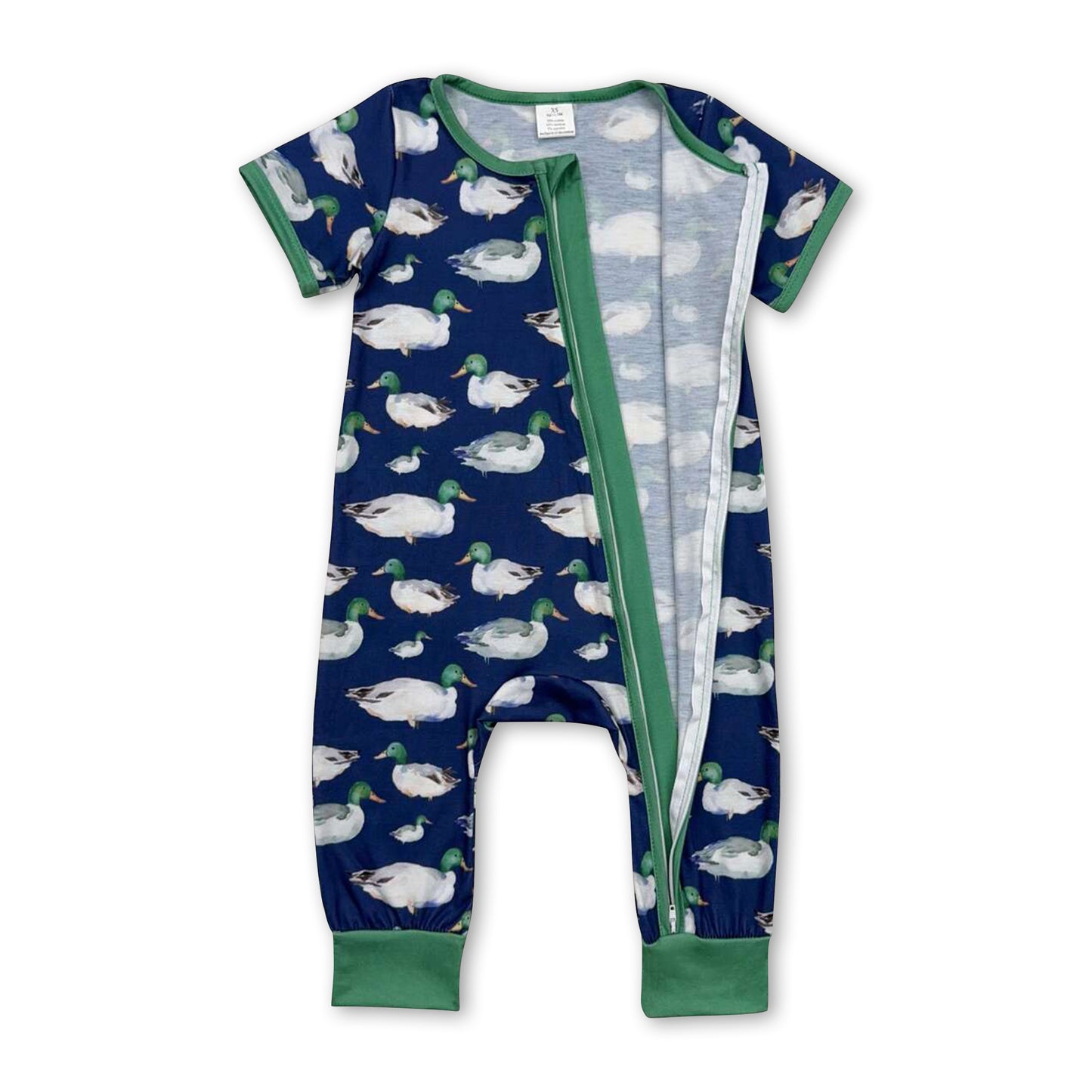 Short sleeves green duck baby boy zipper sleeper