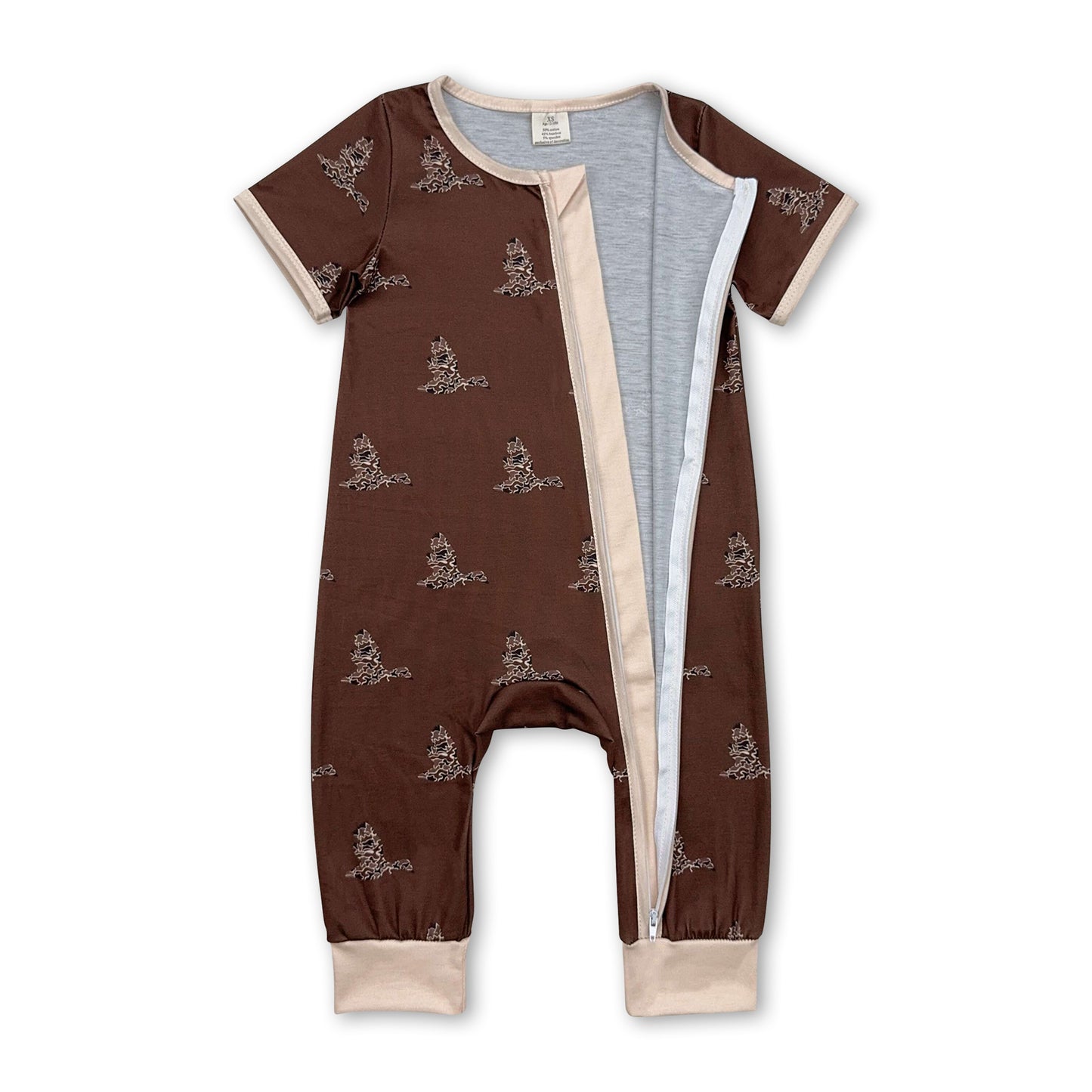 Short sleeves brown camo duck baby boy zipper sleeper