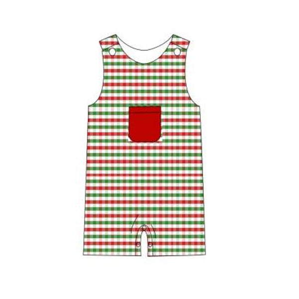 Sleeveless red green plaid pocket baby boy Christmas romper