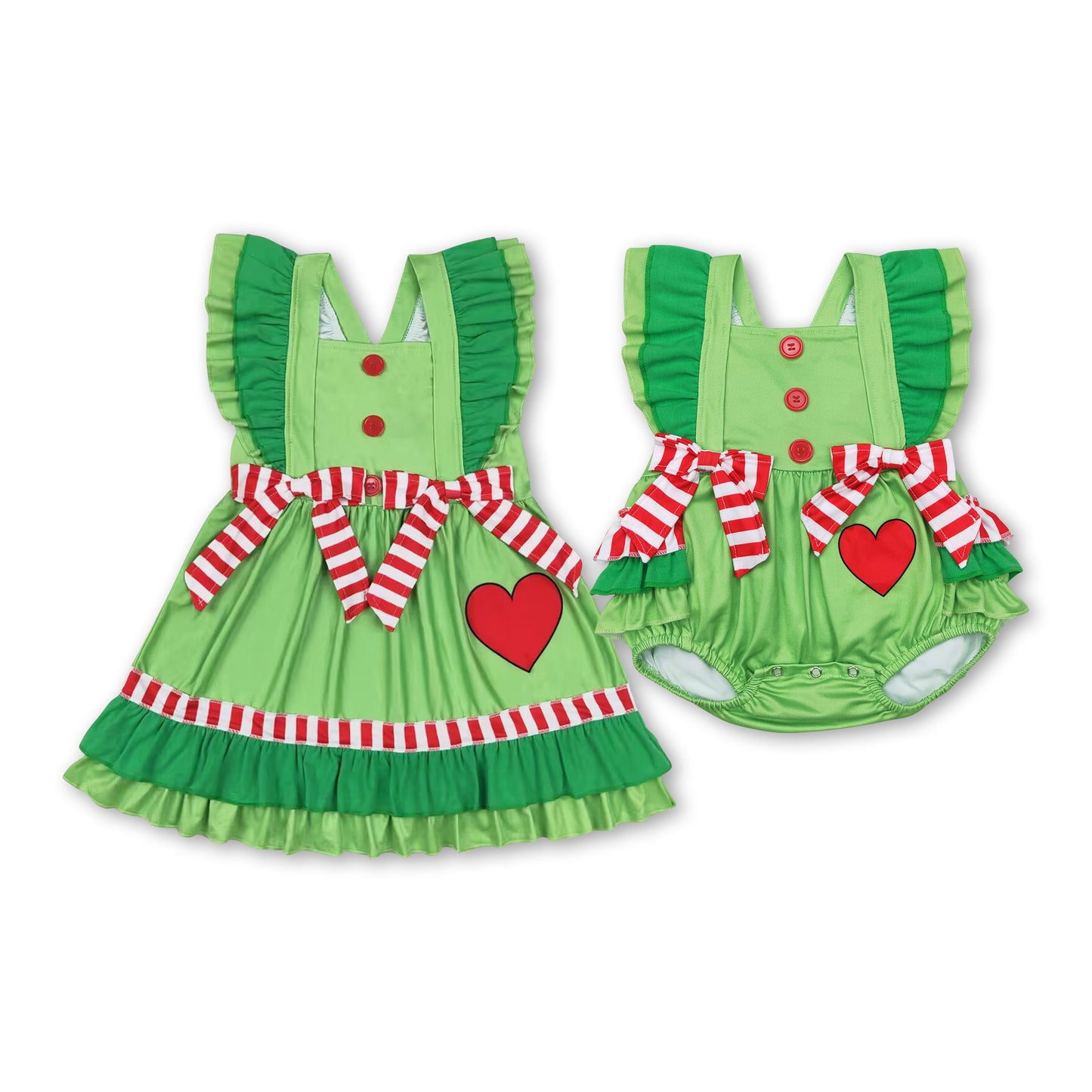 Flutter sleeves heart green face baby girls Christmas romper