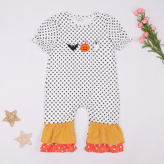 Polka dots bat pumpkin ghost ruffle baby girls Halloween romper