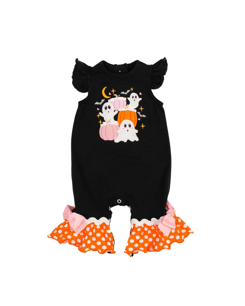 Black ghost pumpkin ruffle baby girls Halloween romper