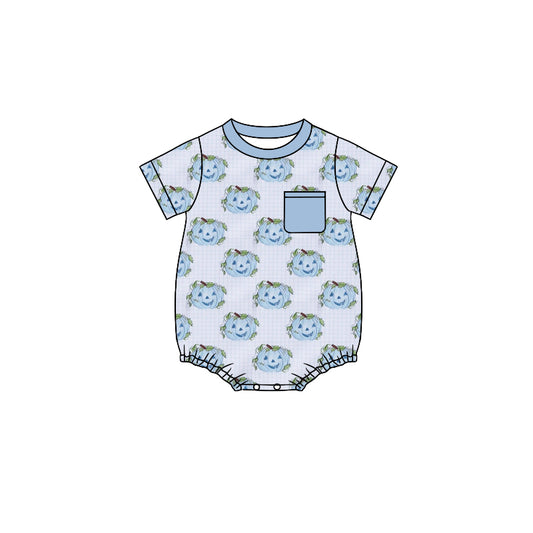 Light blue short sleeves pocket pumpkin baby boy romper