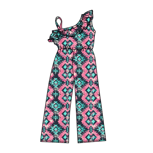 One shoulder pink turquoise aztec girls western jumpsuit