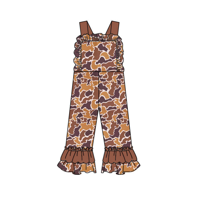 Ruffle straps brown camo baby girls hunting overalls