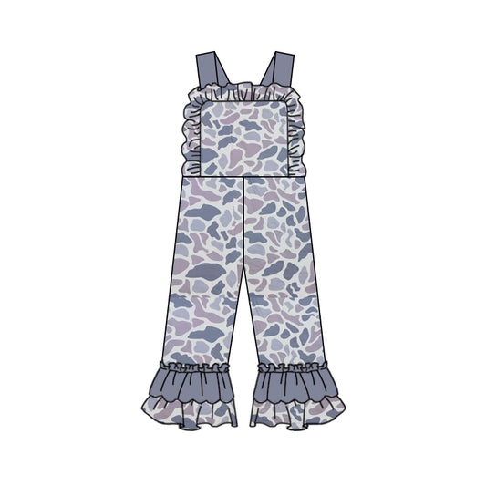 Ruffle straps grey camo baby girls hunting overalls