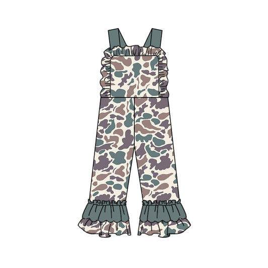 Ruffle straps green camo baby girls hunting overalls