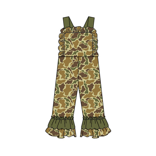 Ruffle straps olive camo baby girls hunting overalls