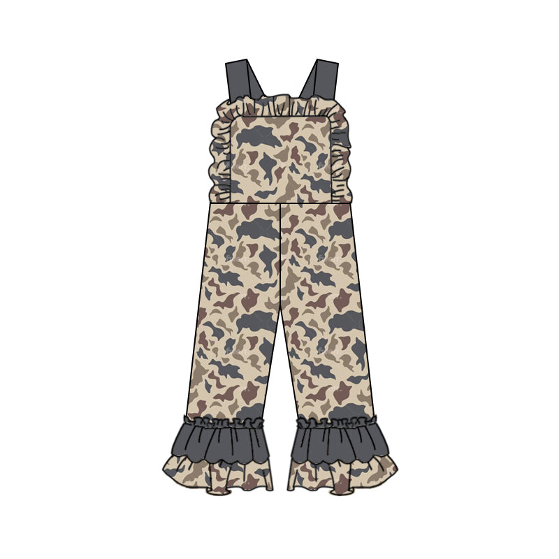 Ruffle straps dark grey camo baby girls hunting overalls