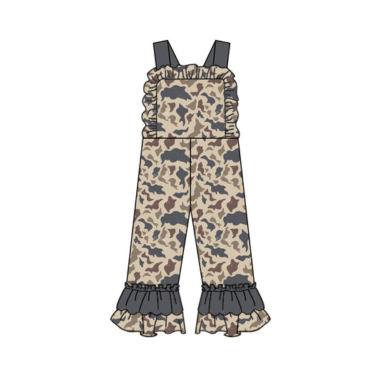 Ruffle straps dark grey camo baby girls hunting overalls