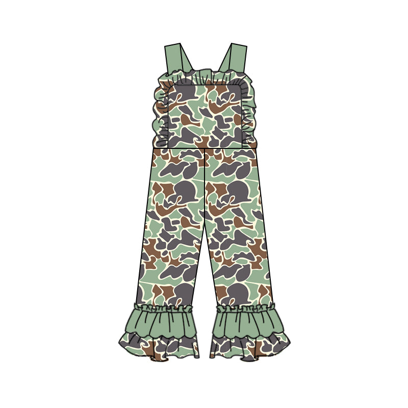 Ruffle straps mint camo baby girls hunting overalls