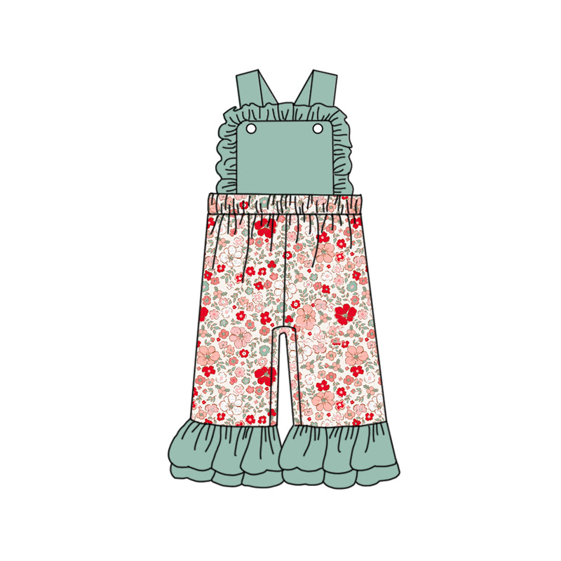 Straps ruffle floral baby girls overalls