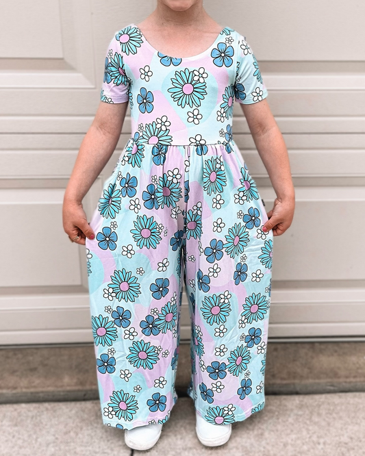 Short sleeves pink mint floral baby girls jumpsuit