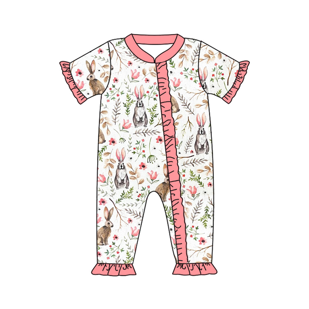 Pink floral bunny baby girls easter zipper romper