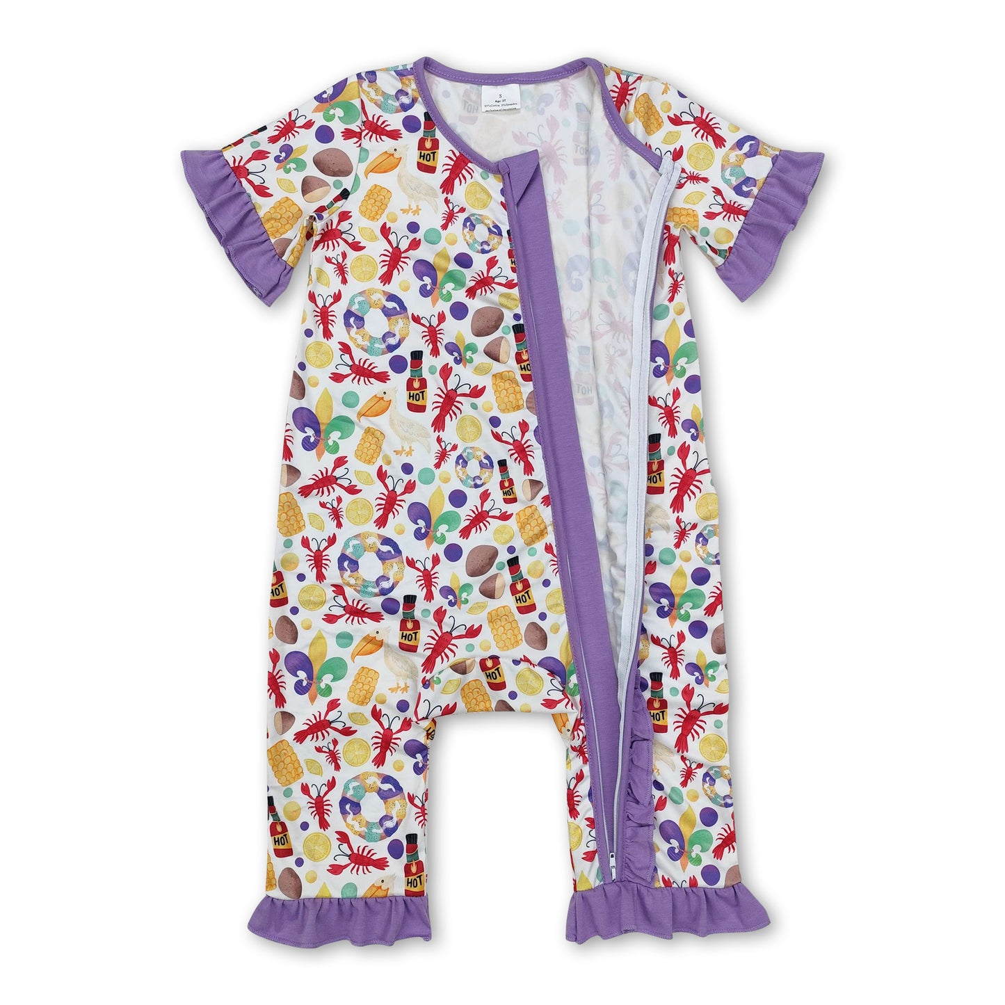 Purple ruffle crawfish baby girls Mardi Gras zipper romper